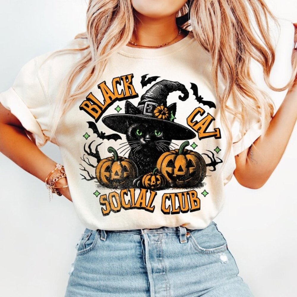 Black Cat Social Club, Ghots Cat, retro halloween, trending